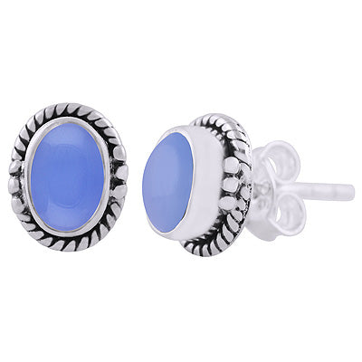 Beautifully Handcrafted Work Around Blue Chalcedony Oval Shape 925 Sterling Solid Silver Stud Earrings - R6100601-15