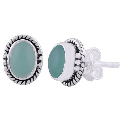 Beautifully Handcrafted Work Around Aqua Chalcedony Oval Shape 925 Sterling Solid Silver Stud Earrings - R6100601-16