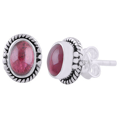 Beautifully Handcrafted Work Around Garnet Oval Shape 925 Sterling Solid Silver Stud Earrings - R6100601-2
