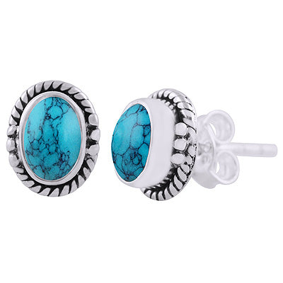 Beautifully Handcrafted Work Around Turquoise Oval Shape 925 Sterling Solid Silver Stud Earrings - R6100601-3
