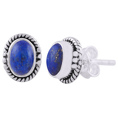 Beautifully Handcrafted Work Around Lapis Oval Shape 925 Sterling Solid Silver Stud Earrings - R6100601-6