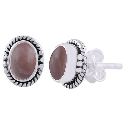 Beautifully Handcrafted Work Around Rose Quartz Oval Shape 925 Sterling Solid Silver Stud Earrings - R6100601-7