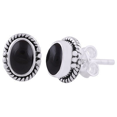Beautifully Handcrafted Work Around Black Onyx Oval Shape 925 Sterling Solid Silver Stud Earrings - R6100601-9