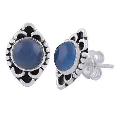 Stunning Oxidised Work Around Blue Chalcedony Round Shape 925 Sterling Solid Silver Stud Earrings - R6100604-14
