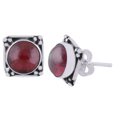Gorgeous Oxidised Rawa Work Around Garnet Round Shape 925 Sterling Solid Silver Stud Earrings - R6100605-2