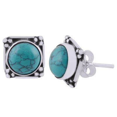 Gorgeous Oxidised Rawa Work Around Turquoise Round Shape 925 Sterling Solid Silver Stud Earrings - R6100605-3