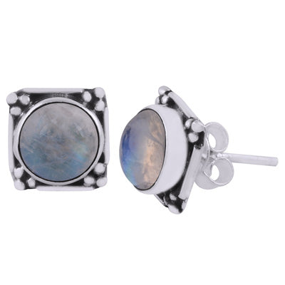 Gorgeous Oxidised Rawa Work Around Rainbow Moonstone Round Shape 925 Sterling Solid Silver Stud Earrings - R6100605-4