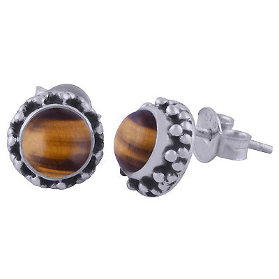 Beautiful Rawa Work Around Tiger's Eye Round Shape 925 Sterling Solid Silver Studs Earrings - R6100607-41