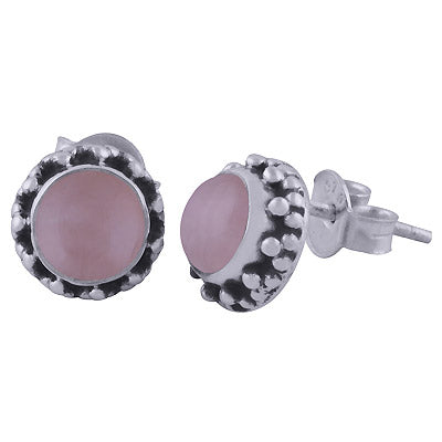 Beautiful Rawa Work Around Rose Quartz Round Shape 925 Sterling Solid Silver Studs Earrings - R6100607-43