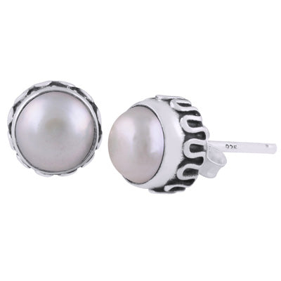 Stunning Handcrafted Work Around Pearl Round Shape 925 Sterling Solid Silver Stud Earrings - R6100609-10