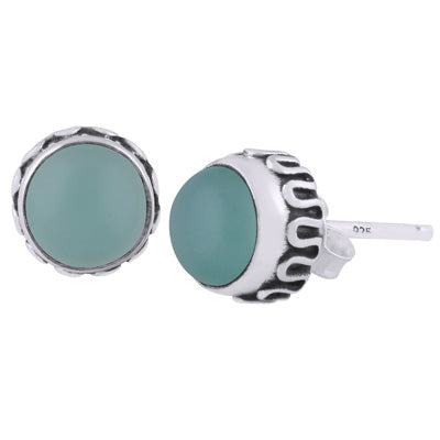 Stunning Handcrafted Work Around Aqua Chalcedony Round Shape 925 Sterling Solid Silver Stud Earrings - R6100609-18