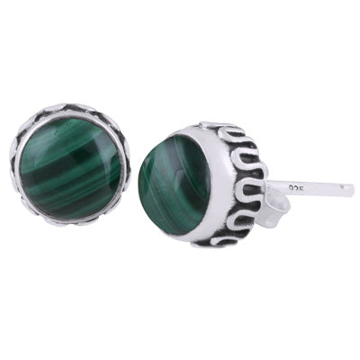 Stunning Handcrafted Work Around Malachite Round Shape 925 Sterling Solid Silver Stud Earrings - R6100609-19