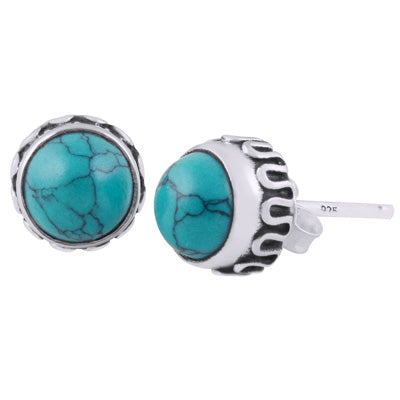 Stunning Handcrafted Work Around Turquoise Round Shape 925 Sterling Solid Silver Stud Earrings - R6100609-3