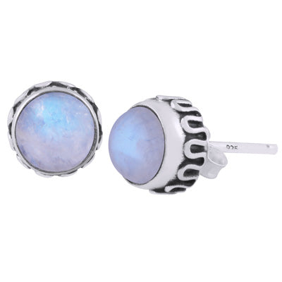 Stunning Handcrafted Work Around Rainbow Moonstone Round Shape 925 Sterling Solid Silver Stud Earrings - R6100609-4
