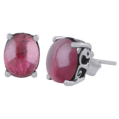 Beautiful Oxidised Work Around Garnet Oval Shape 925 Sterling Solid Silver Studs Earrings - R6100617-2