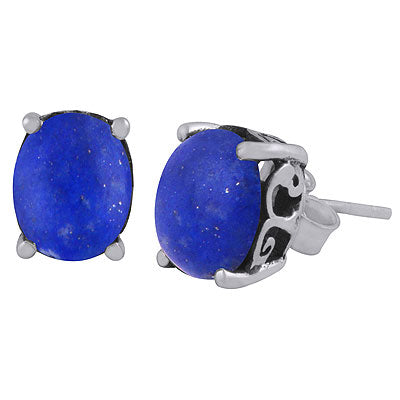 Beautiful Oxidised Work Around Lapis Oval Shape 925 Sterling Solid Silver Studs Earrings - R6100617-6