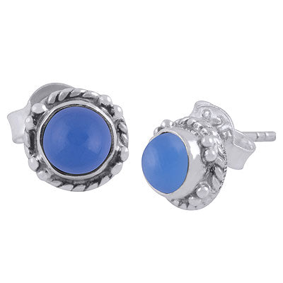 Alluring Twisted Wire Work Around Blue Chalcedony Round Shape 925 Sterling Solid Silver Studs Earrings - R6100620-9