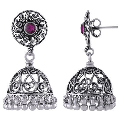 Gorgeous Jhumkas Handcrafted With Red Corundum Round Shape 925 Sterling Solid Silver Studs Earrings - R6100621-1
