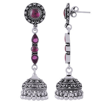 Gorgeous Long Jhumka's w/ Gemstone Red Corundum Pear,Round Shape 925 Sterling Solid Silver Studs Earrings - R6100623-7