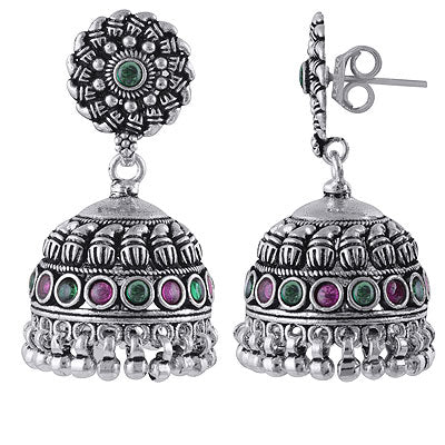 Stunning Designed Jhumka's w/ Gemstone Red Corundum,Green Corundum Round Shape 925 Sterling Solid Silver Studs Earrings - R6100625-3
