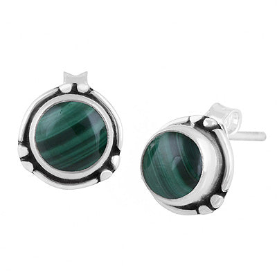 Minimal Rawa & Wire Work Around Malachite Round Shape 925 Sterling Solid Silver Stud Earrings - R6100640-12