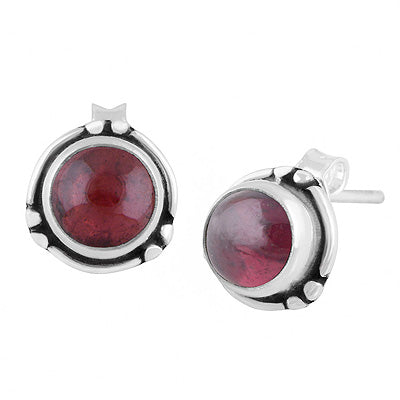Minimal Rawa & Wire Work Around Garnet Round Shape 925 Sterling Solid Silver Stud Earrings - R6100640-2