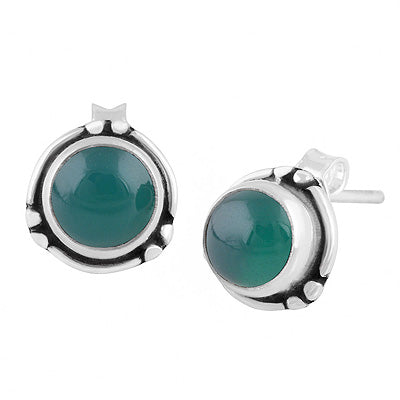 Minimal Rawa & Wire Work Around Green Onyx Round Shape 925 Sterling Solid Silver Stud Earrings - R6100640-8