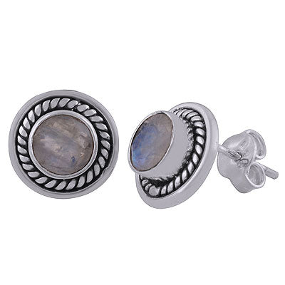 Gorgeous Twisted Wire Work Around Rainbow Moonstone Round Shape 925 Sterling Solid Silver Studs Earrings - R6500022-30