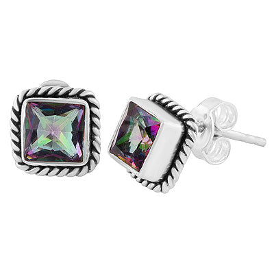 Authentic Wire Work Around Mystic Topaz Square Shape 925 Sterling Solid Silver Studs Earrings - R6500464-2