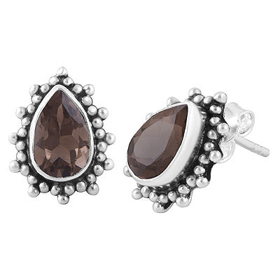 Beautifully Handcrafted Loaded With Rawa Work Around Smoky Topaz Pear Shape 925 Sterling Solid Silver Stud Earrings - R6500649-106