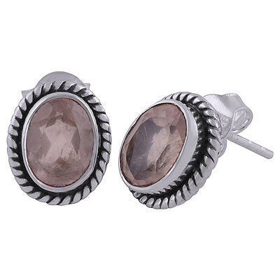 Stunning Twisted Wire Work Around Rose Quartz Oval Shape 925 Sterling Solid Silver Stud Earrings - R6500654-39