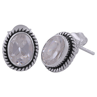 Stunning Twisted Wire Work Around White Cubic Zirconia Oval Shape 925 Sterling Solid Silver Stud Earrings - R6500654-40