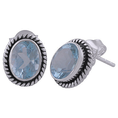 Stunning Twisted Wire Work Around Blue Topaz Oval Shape 925 Sterling Solid Silver Stud Earrings - R6500654-41