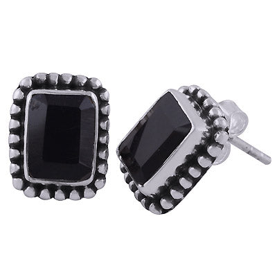 Classic Rawa Work Around Black Onyx Rectangle Shape 925 Sterling Solid Silver Studs Earrings - R6500682-70