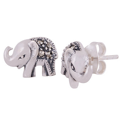 Gorgeous Elephant Studded w/ Gemstone Marcasite Round Shape 925 Sterling Solid Silver Studs Earrings - R6500692-1