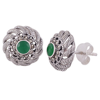 Beautiful Gemstone Studded Around Marcasite,Green Corundum Round Shape 925 Sterling Solid Silver Studs Earrings - R6500696-2