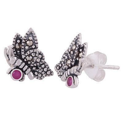 Alluring Butterfly Studded Around Marcasite,Red Corundum Round Shape 925 Sterling Solid Silver Studs Earrings - R6500698-1