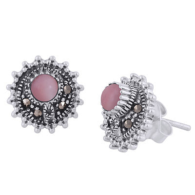 Beautifully Studded Gemstone Marcasite,Shell Round Shape 925 Sterling Solid Silver Studs Earrings - R6500699-4
