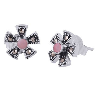 Beautiful Flower Studded w/ Gemstone Marcasite,Shell Round Shape 925 Sterling Solid Silver Studs Earrings - R6500703-3