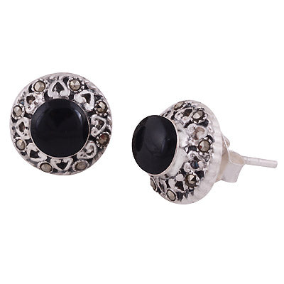 Magnificent Flower Studded w/ Gemstone Marcasite,Black Onyx Round Shape 925 Sterling Solid Silver Studs Earrings - R6500704-6