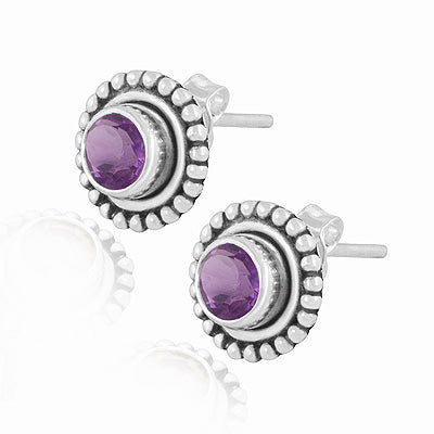 Gorgeous Oxidised Rawa Work Around Amethyst Round Shape 925 Sterling Solid Silver Studs Earrings - R6500720-1