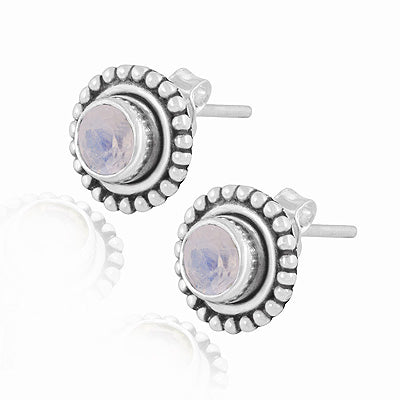 Gorgeous Oxidised Rawa Work Around Rainbow Moonstone Round Shape 925 Sterling Solid Silver Studs Earrings - R6500720-5