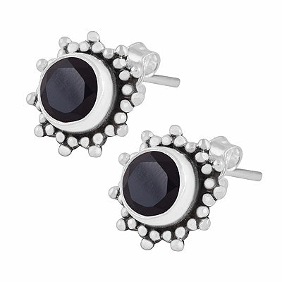 Gorgeous Rawa Work Pattern Around Black Onyx Round Shape 925 Sterling Solid Silver Stud Earrings - R6500721-12
