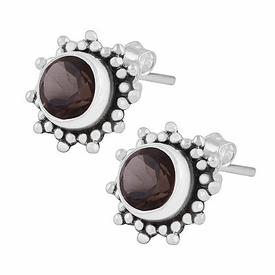 Gorgeous Rawa Work Pattern Around Smoky Topaz Round Shape 925 Sterling Solid Silver Stud Earrings - R6500721-7