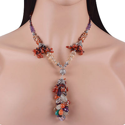 Alluring Gemstone Beads Around Amethyst, Garnet, Citrine, Labradorite, Prehnite, Smoky Topaz, Green Amethyst, Carnelian, Green Onyx, Crystal Irregular Shape 925 Sterling Solid Silver Necklace - R6800004-14