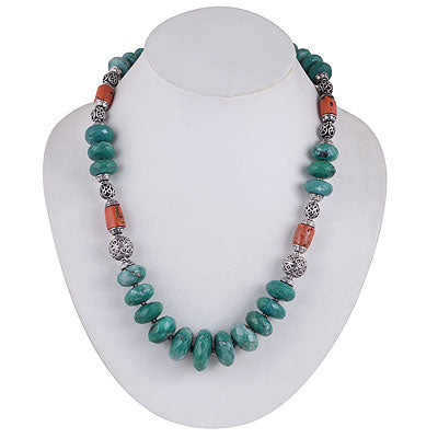 Gorgeous Bold Gemstones Turquoise,Coral Irregular Shape 925 Sterling Solid Silver Necklace - R6800004-15