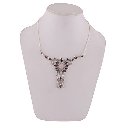 Multicoloured Gemstones Amethyst,Garnet,Rainbow Moonstone,Rose Quartz Irregular Shape 925 Sterling Solid Silver Necklace - R6800007-13