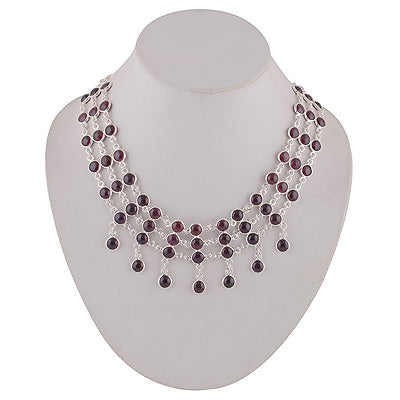 Magnificent Three Layer Loaded with Gemstones Garnet Round Shape 925 Sterling Solid Silver Necklace - R6800009-6
