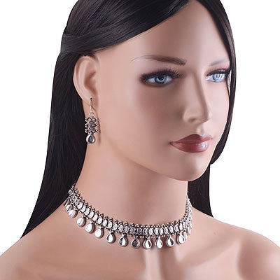 Gorgeous Handcrafted Mirror Work on Plain 925 Sterling Solid Silver Necklace Sets - R7000003-1