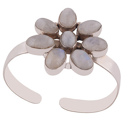 Stunning Flower Out Of Gemstones Rainbow Moonstone Oval Shape 925 Sterling Solid Silver Bangle - R7100001-42